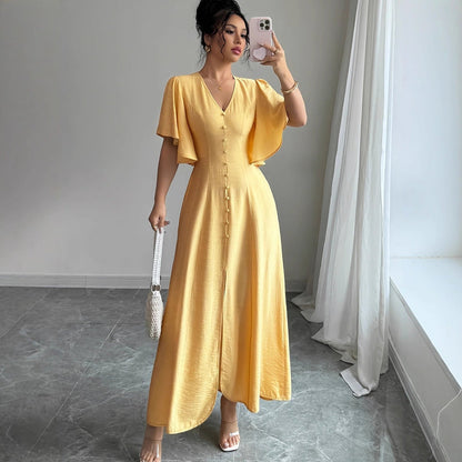 Women's Solid-Colored Split Simple Dress With Petal Sleeves